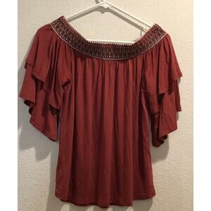 Boston Proper Brick Red Embroidered Off The Shoulder Ruffle Blouse Size S